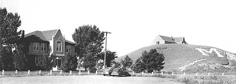East Hall with Donaldson Hall on the hill in the background [black and white photo]