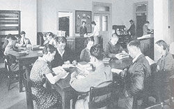 Library books drying on the steps of the Presbyterian church