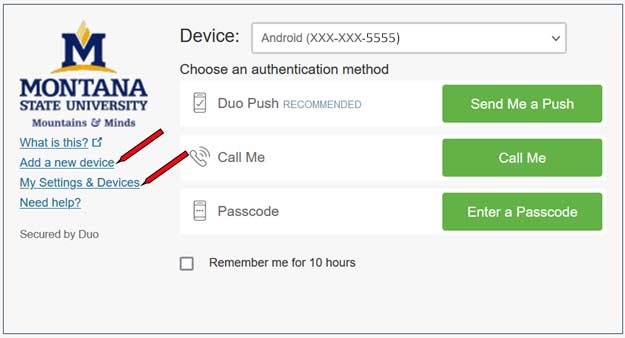 Screenshot of Duo authentication window showing add device and my devices